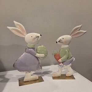 Metal Pastel Bunny Pair Easter Figurines in Lavender, Green & Cream
